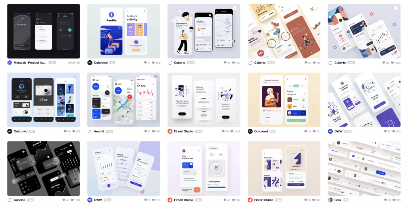 Ein typisches Dribbble Suchergebnis mit vielen runden Ecken