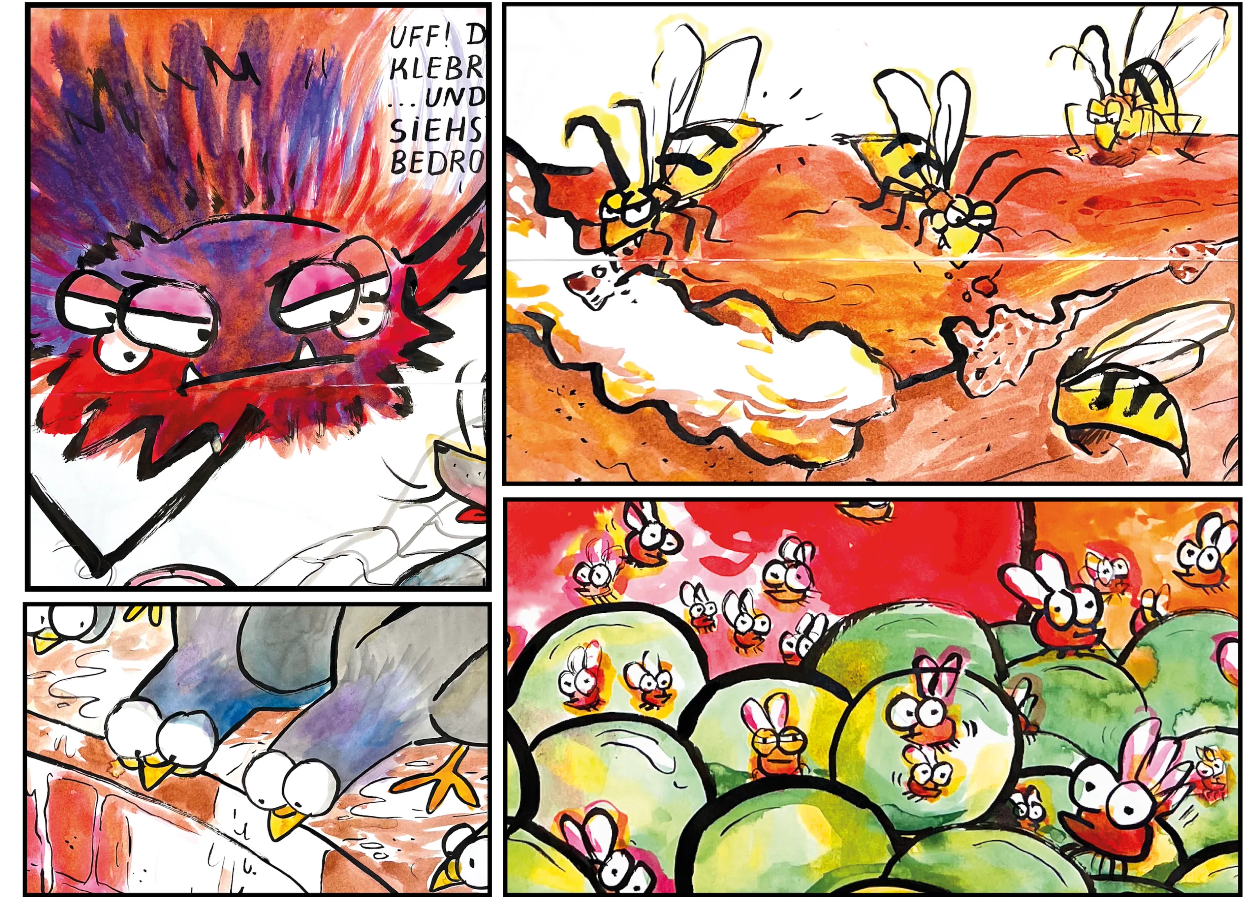 Comic mit bunten, expressiven Szenen: Fliegen und Wespen in kräftigen Orange- und Rottönen, wütende und überraschte Gesichter, gezeichnet in lebendigem Aquarellstil.