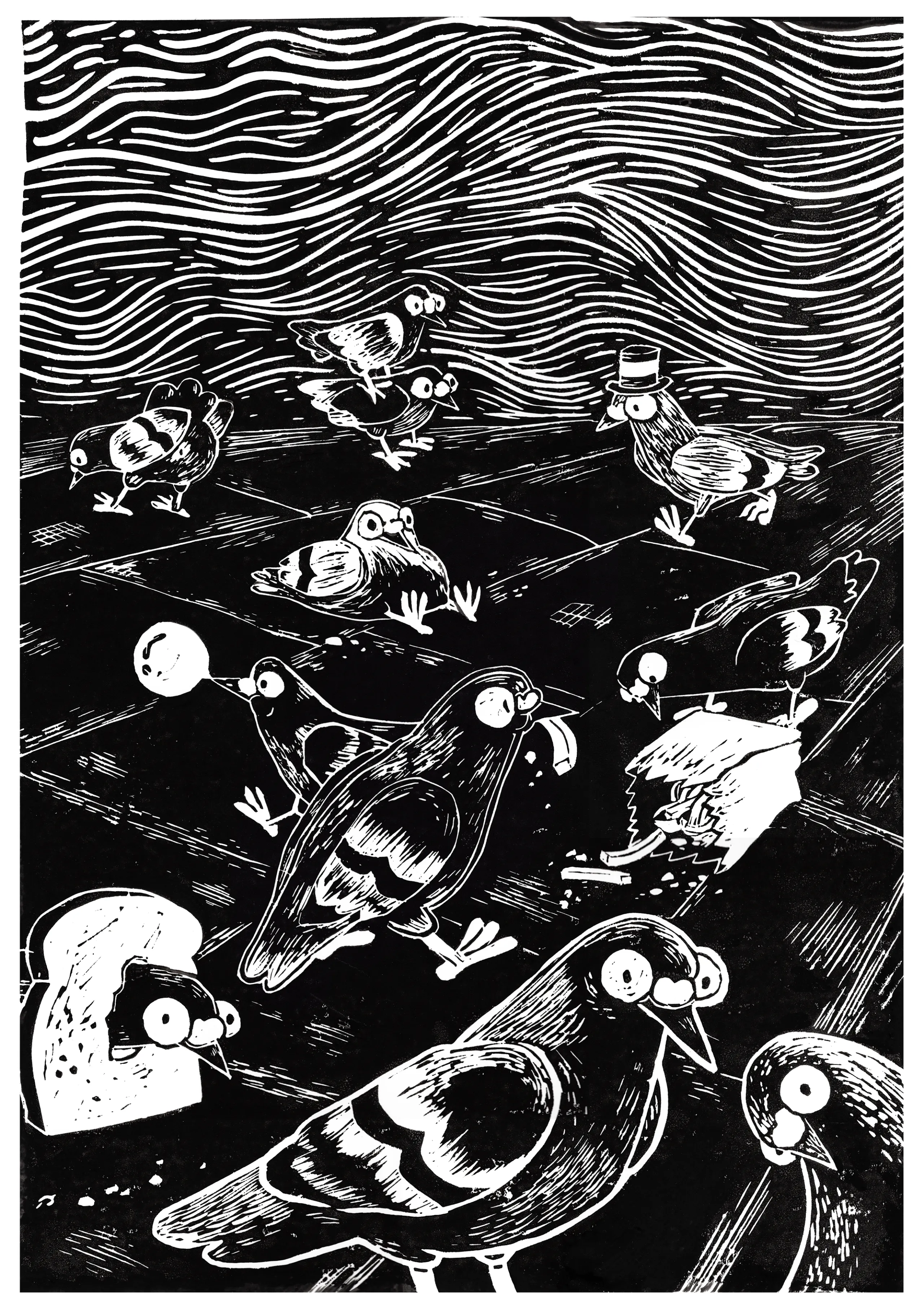 Ein Druck mit comicartigen Tauben auf dunklem Hintergrund.