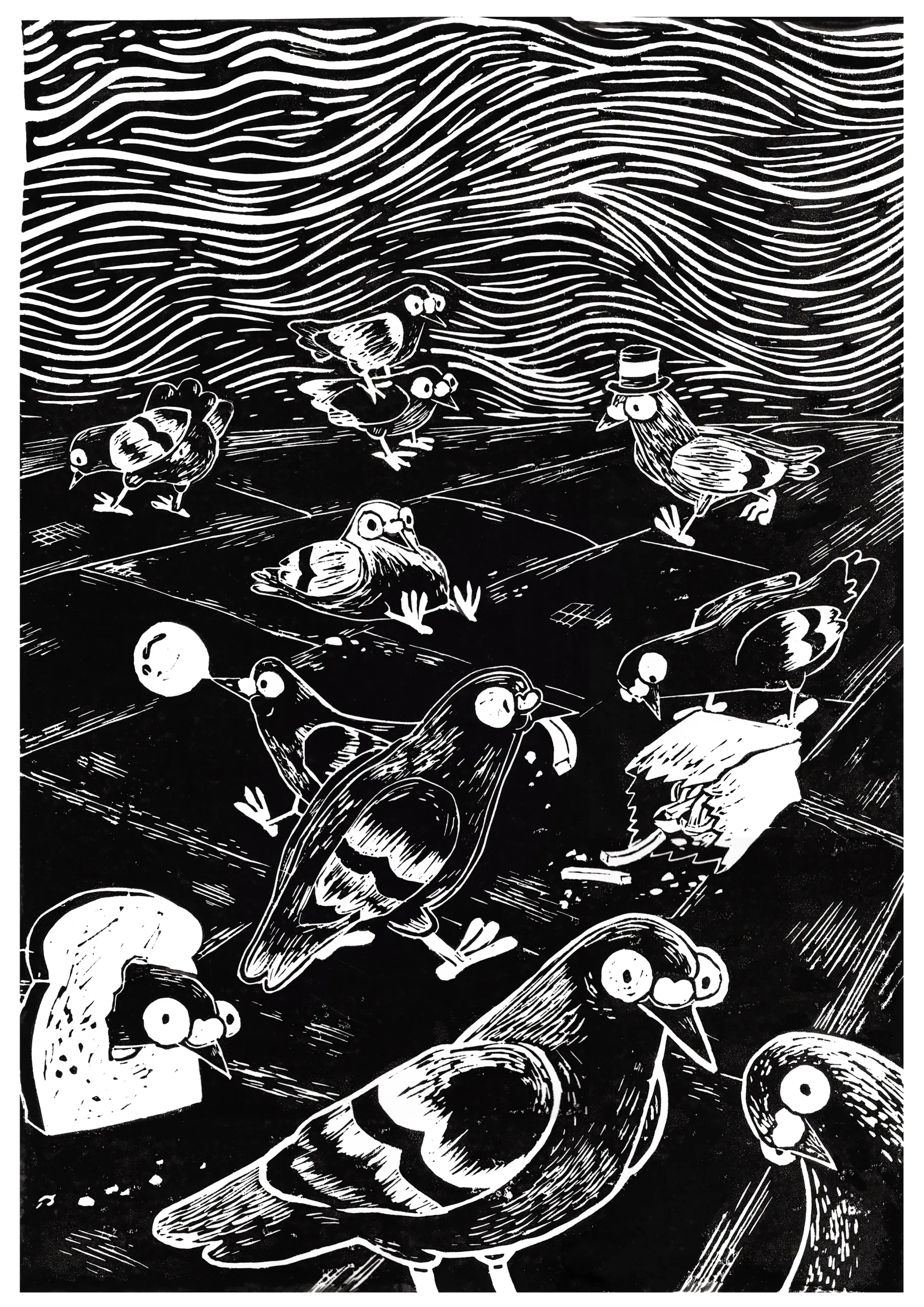 Ein Druck mit comicartigen Tauben auf dunklem Hintergrund.