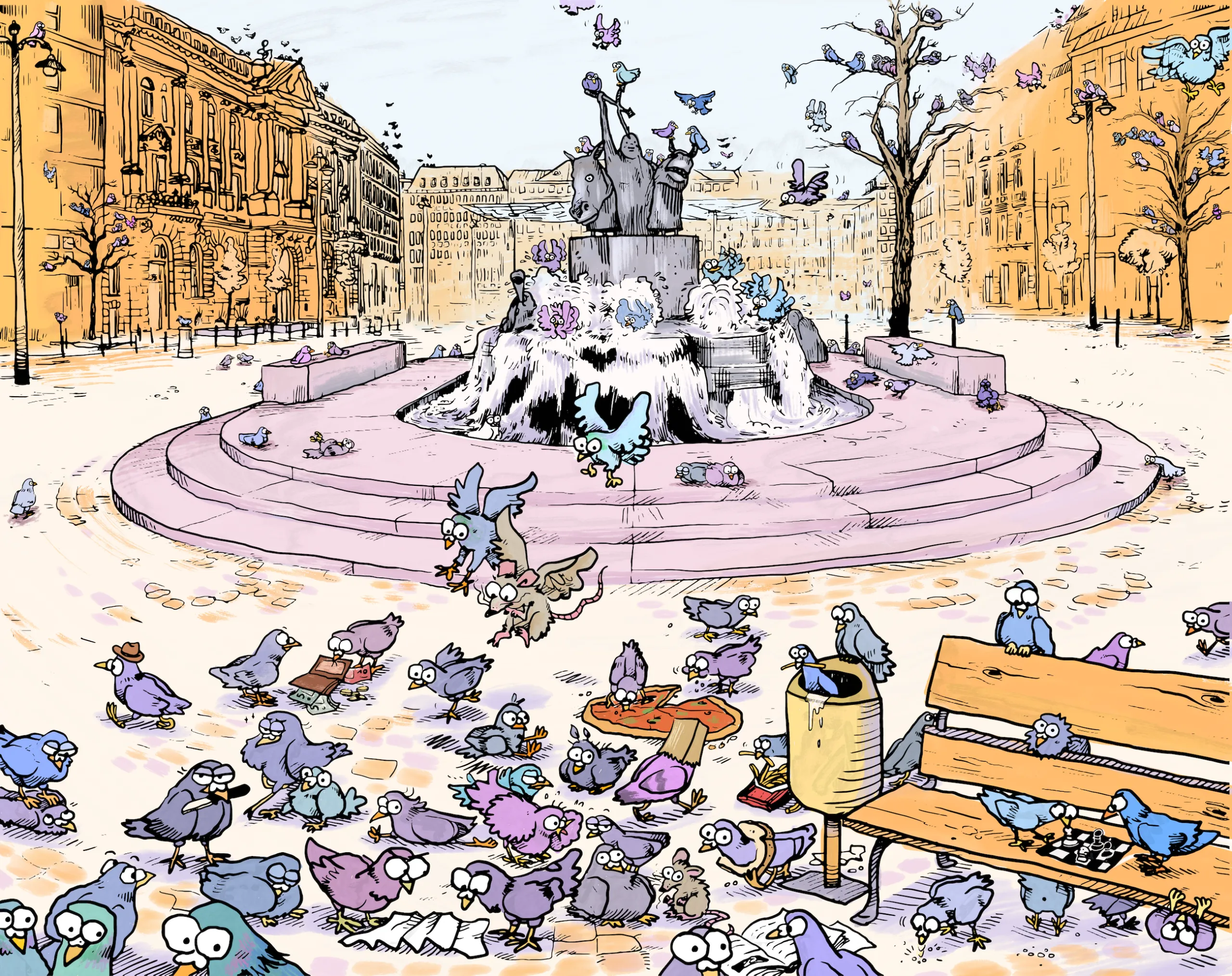 Comicartige Illustration eines belebten Stadtplatzes mit vielen bunten Tauben, die um einen Brunnen herum sitzen, lesen, Schach spielen und essen. Gebäude im Hintergrund in warmen Gelbtönen.