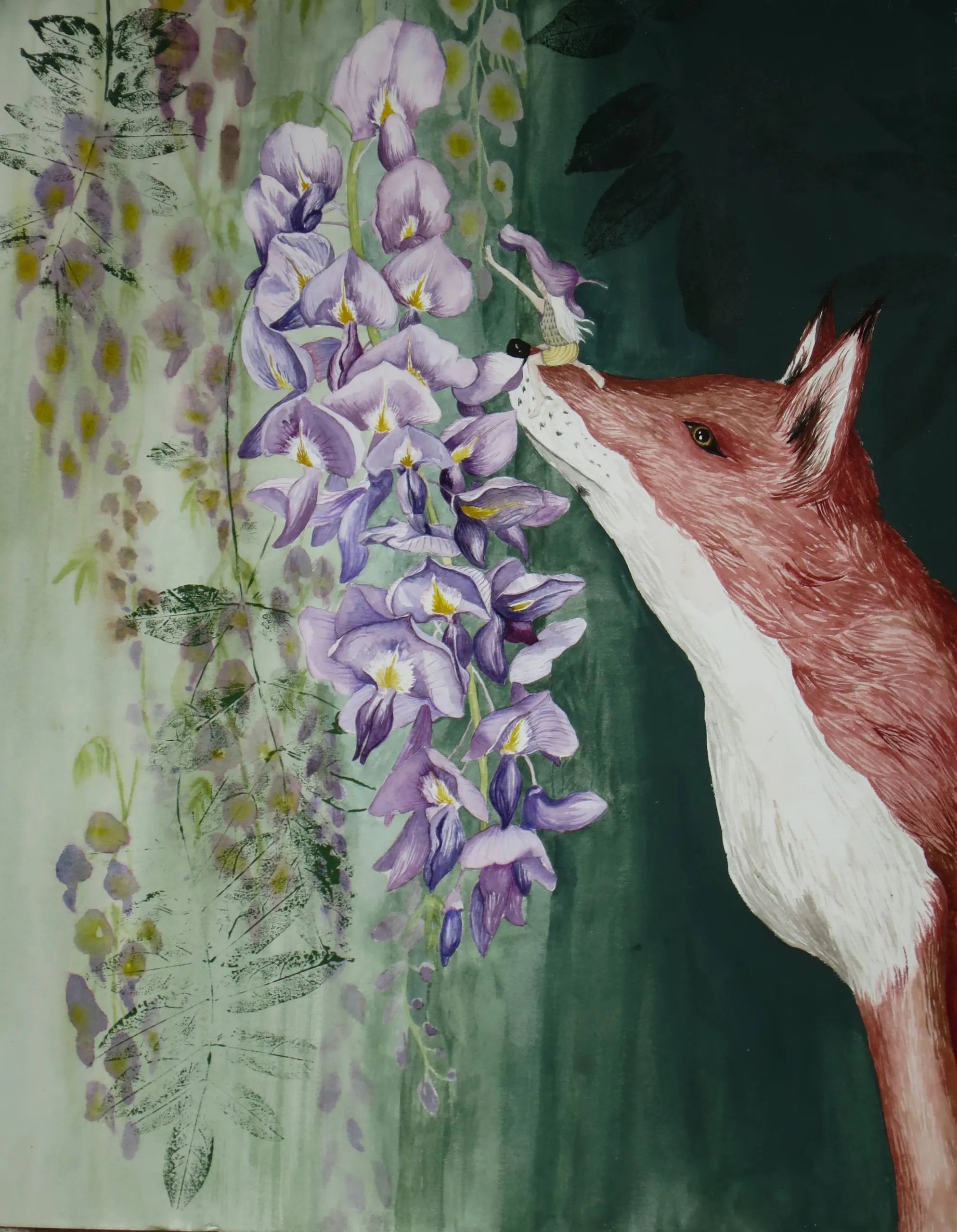 Illustration eines Fuchs, der an Blumen schnuppert.