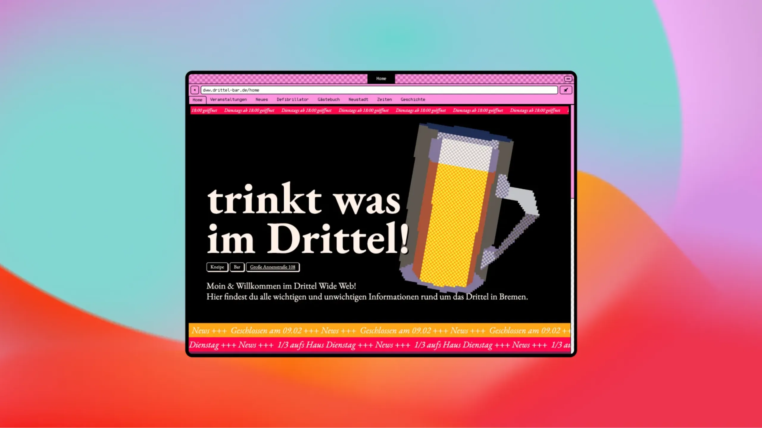 Screenshot von der WEbsite fürs Drittel, die wie ein Retro-Browser gestaltet ist.