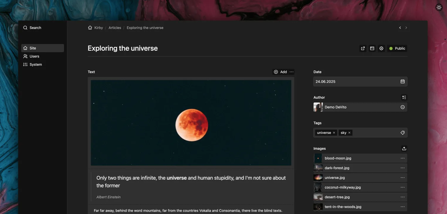 Ein Bild vom Kirby Panel im Darkmode